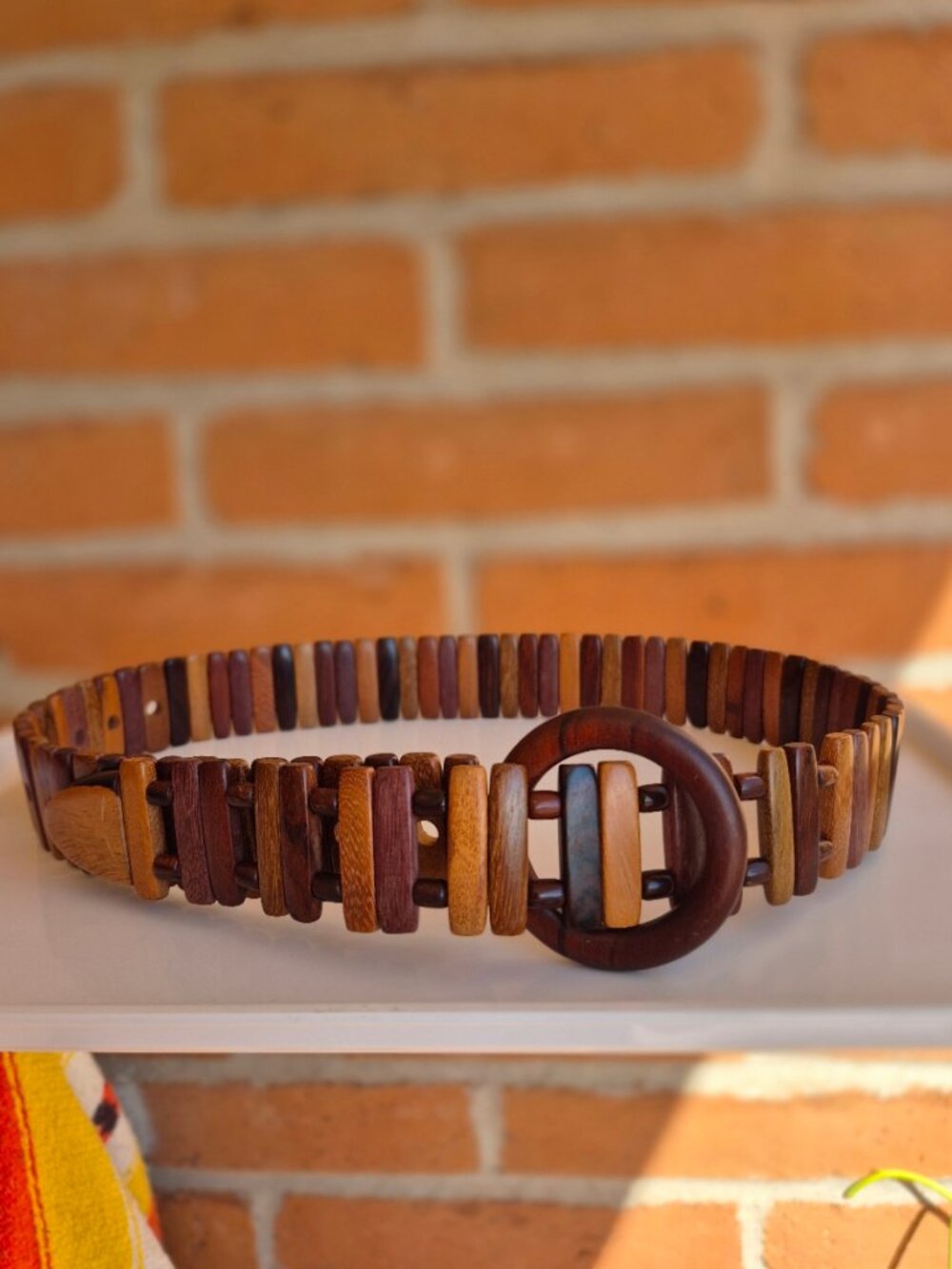 Vintage Boho Multi-Wood Slat & Bead Articulated Link Belt Round Wood Buckle